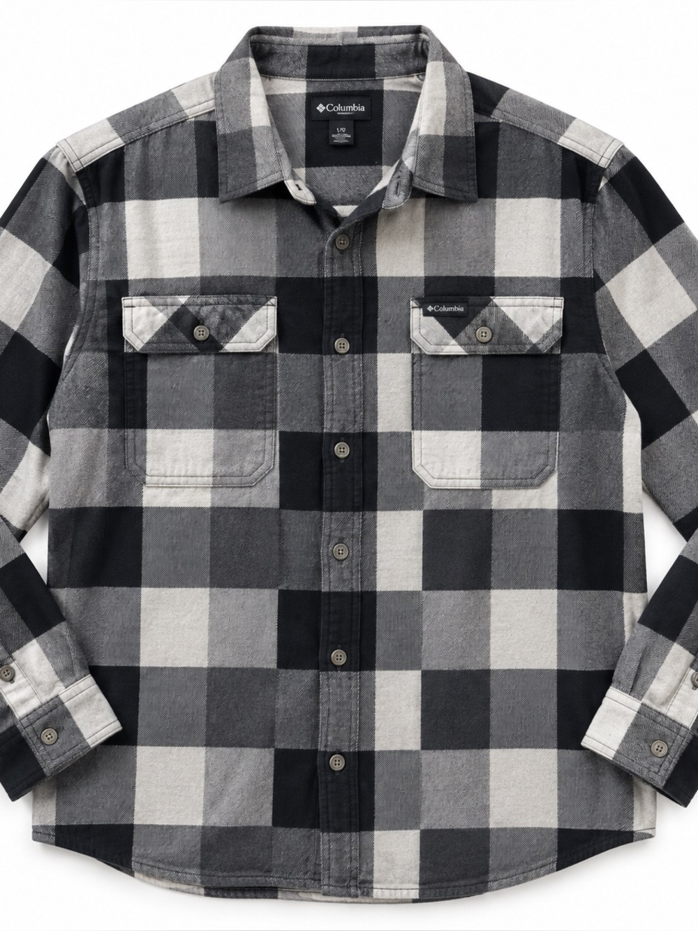 Columbia Black Gray Buffalo Plaid Flannel Shirt Men’s Large Regular Fit